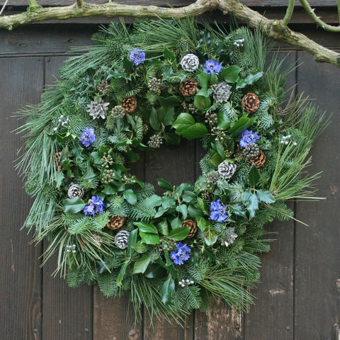 Blue Floral Real Christmas Wreath, 20 inch, from Pines and Needles