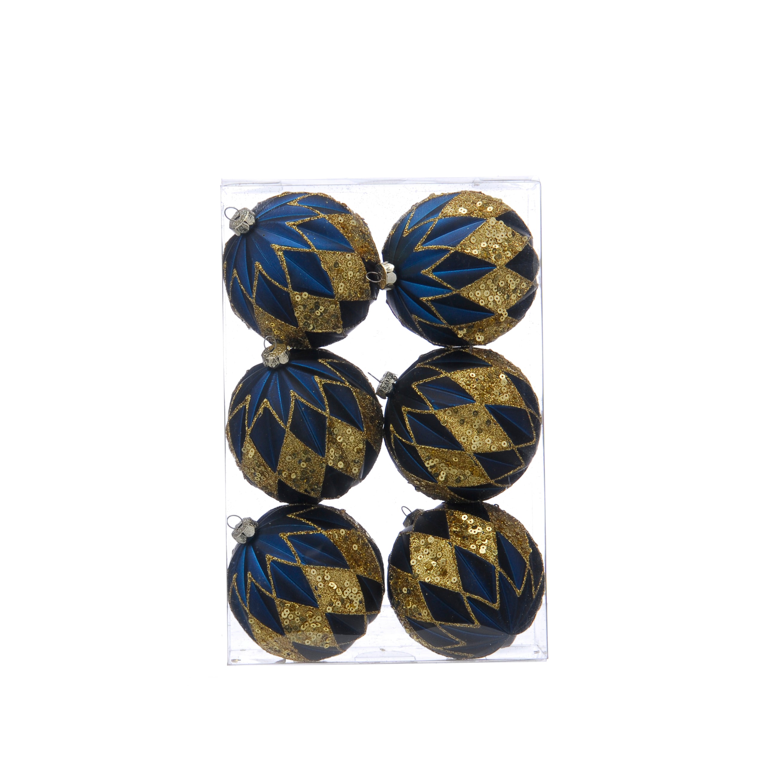 Blue and Gold Glitter Diamond Baubles Set of 6