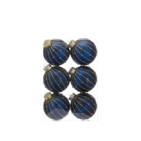 Blue and Gold Glitter Lines Bauble Set of 6