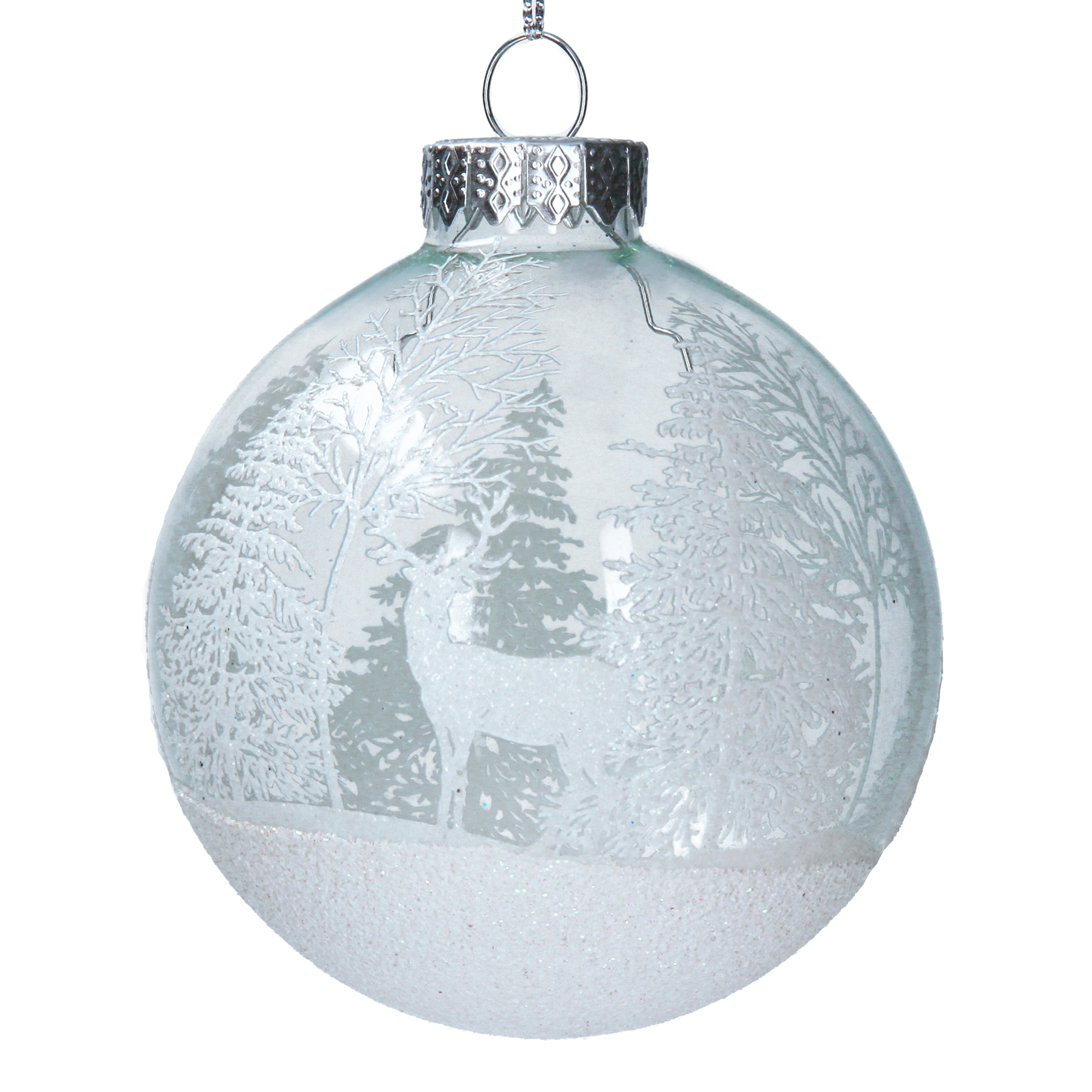 Gisela Graham Clear Glass Blue Bauble with White Trees & Stag Design