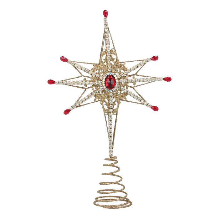Gisela Graham Gold Star Tree Topper with Beading & Red Jewel