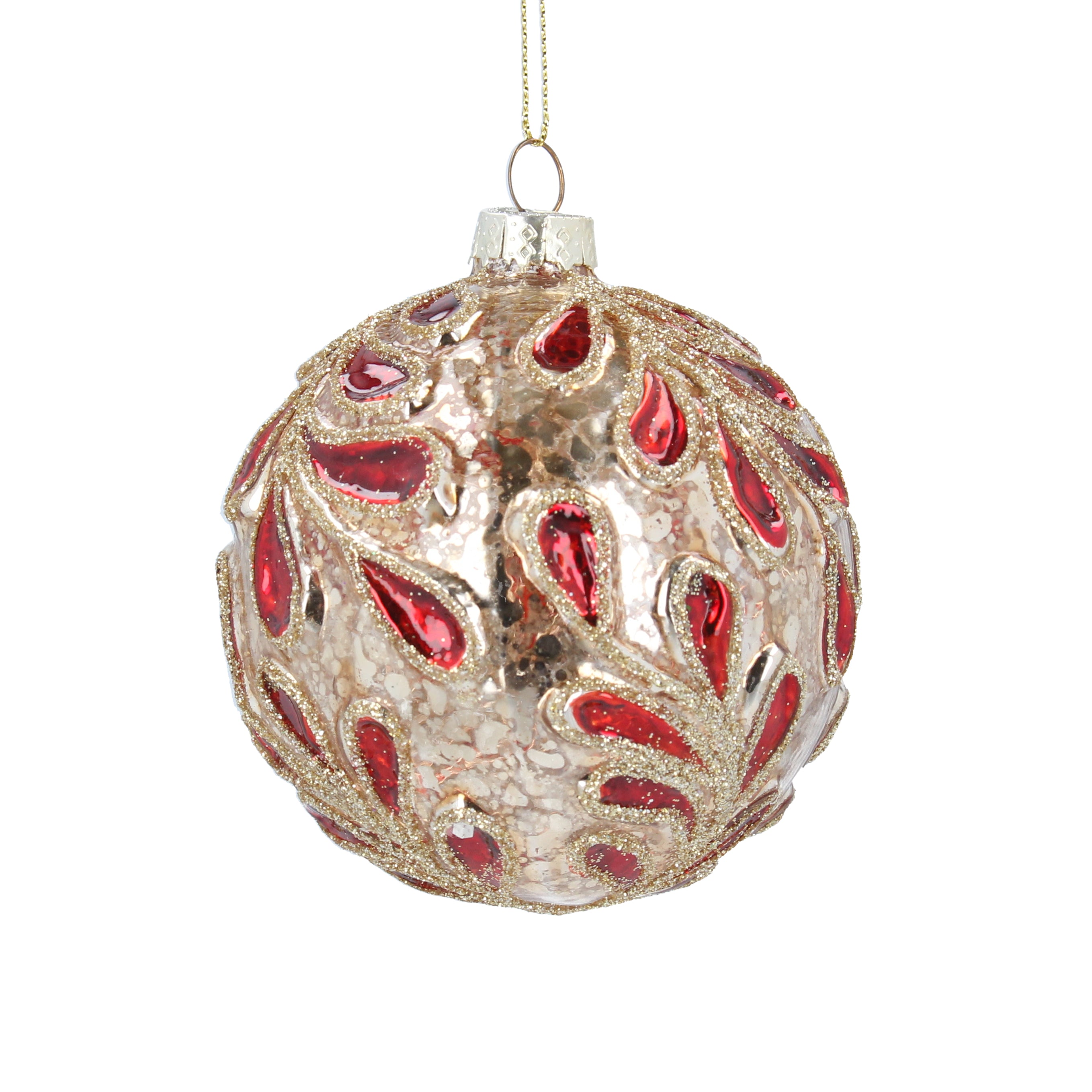 Gisela Graham Red and Gold Embossed Glass Bauble
