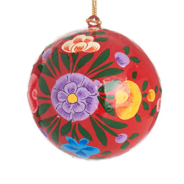 Kashmiri Papier Mache Red Floral Bauble Pines and Needles