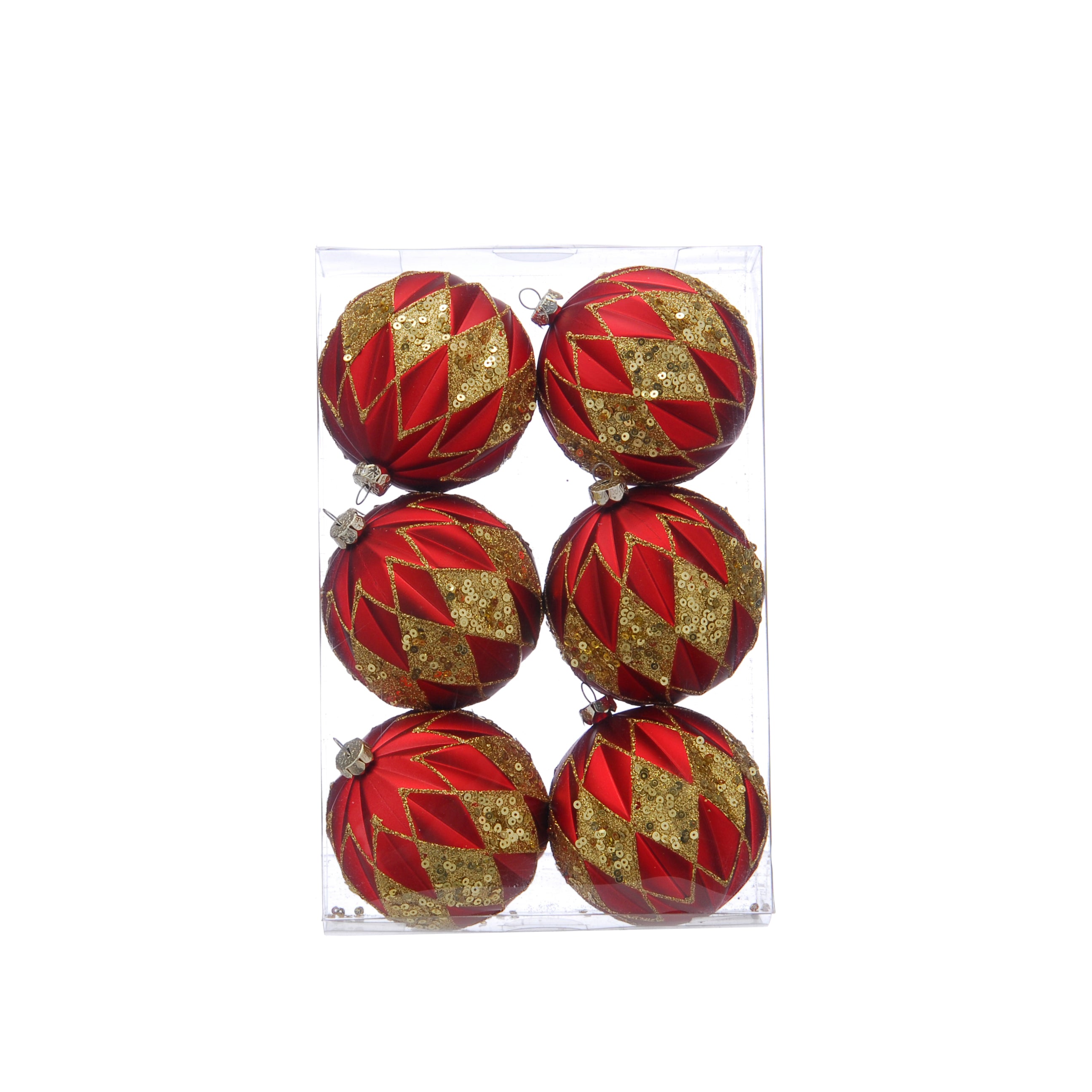 Red and Gold Glitter Diamond Baubles Set of 6