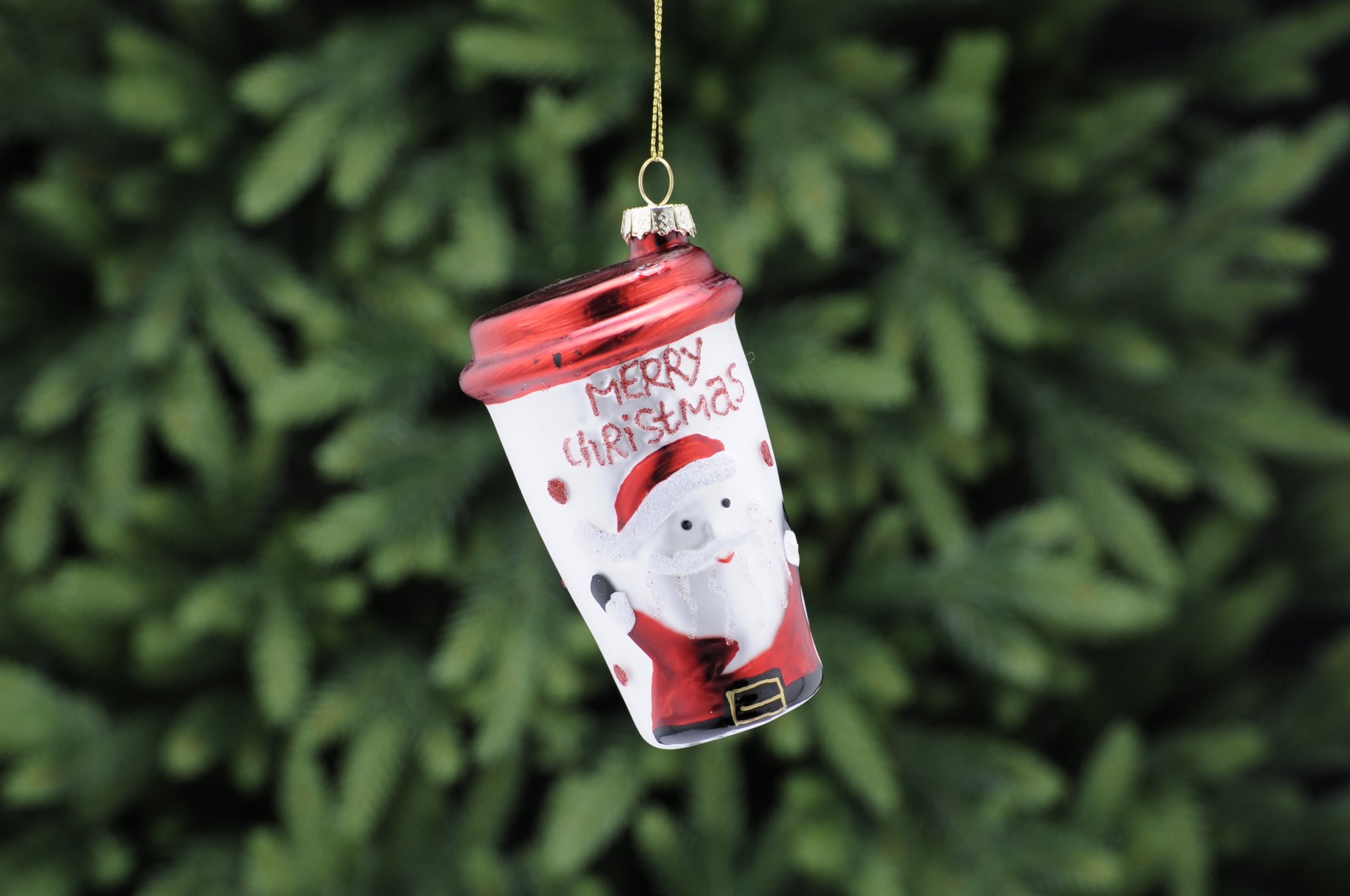 Red and White Merry Christmas Glass Coffee Cup Decoration