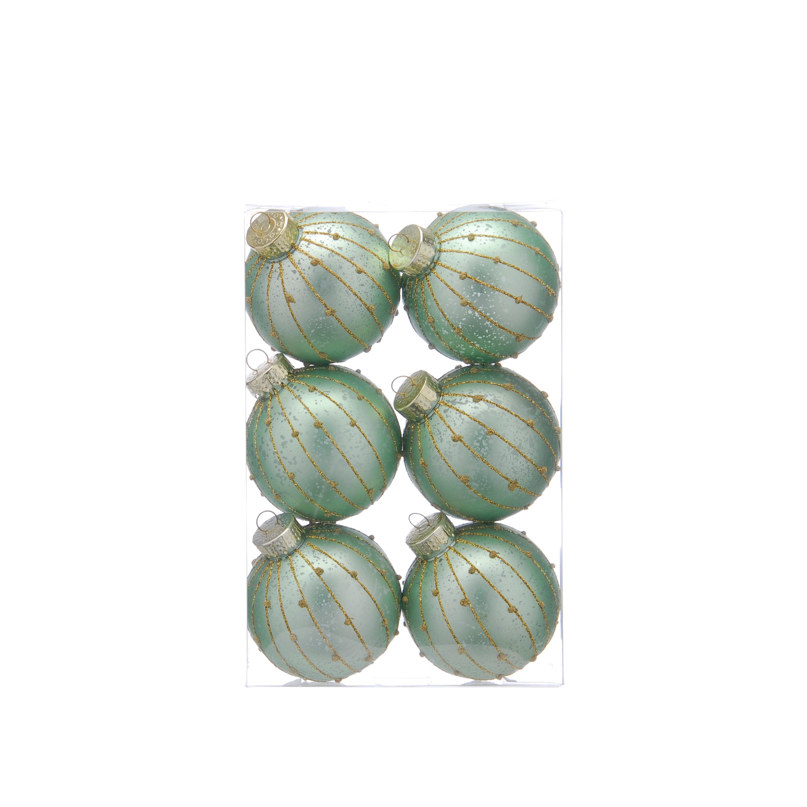 Sage Green and Gold Glitter Lines Bauble Set of 6