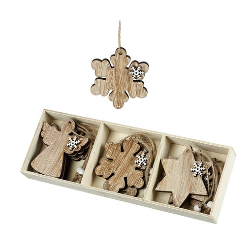 Buy Set Of 12 Wooden Decorations With Snowflake Detail from Pines and Needles