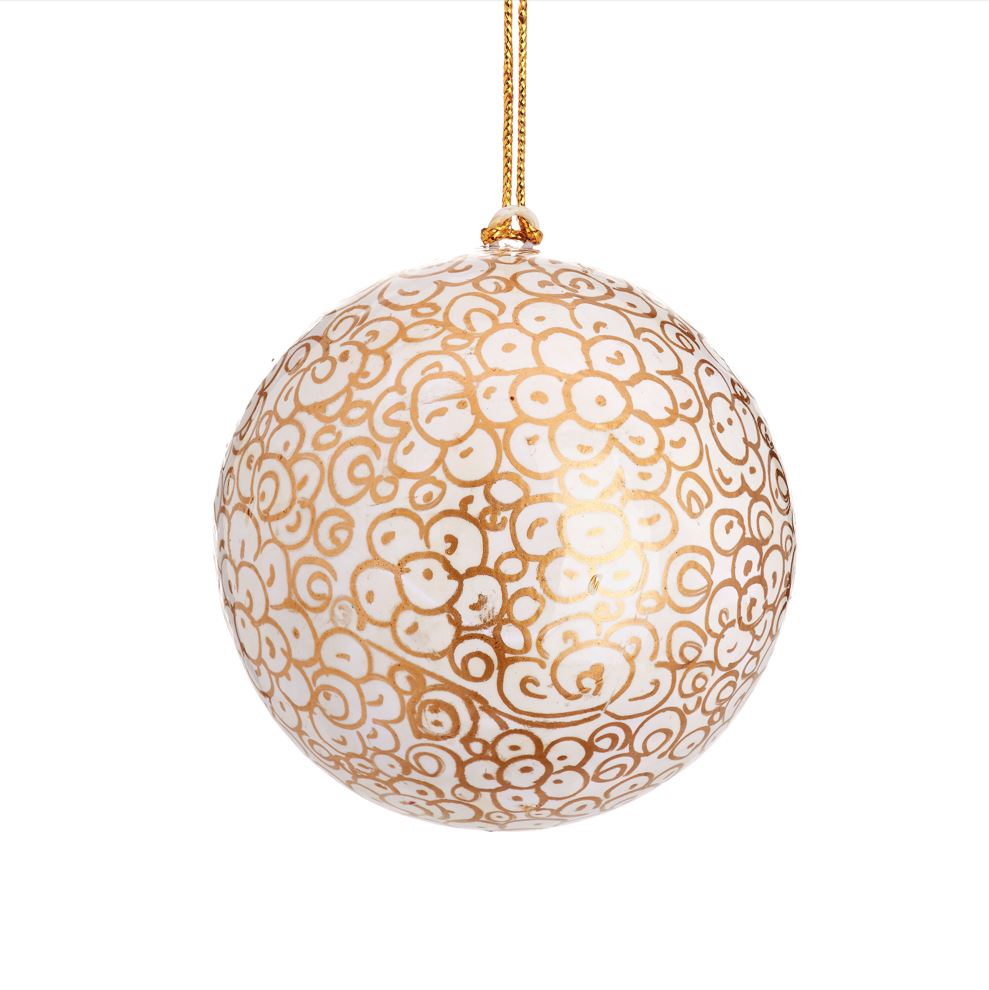 White and Gold Flowers Papier Mache Bauble