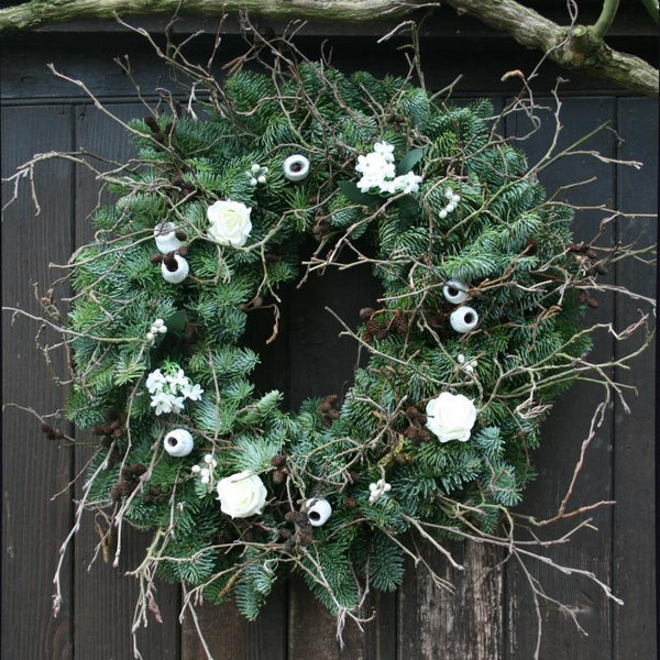 White Floral Real Christmas Wreath 14 in | Pines and Needles