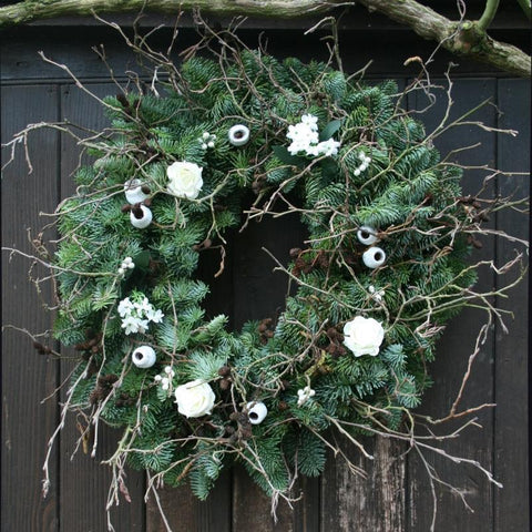 White Floral Real Christmas Wreath, 14inch, from Pines and Needles