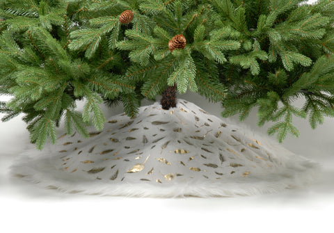 White Fur Tree Skirt with Gold Leaves, 100cm