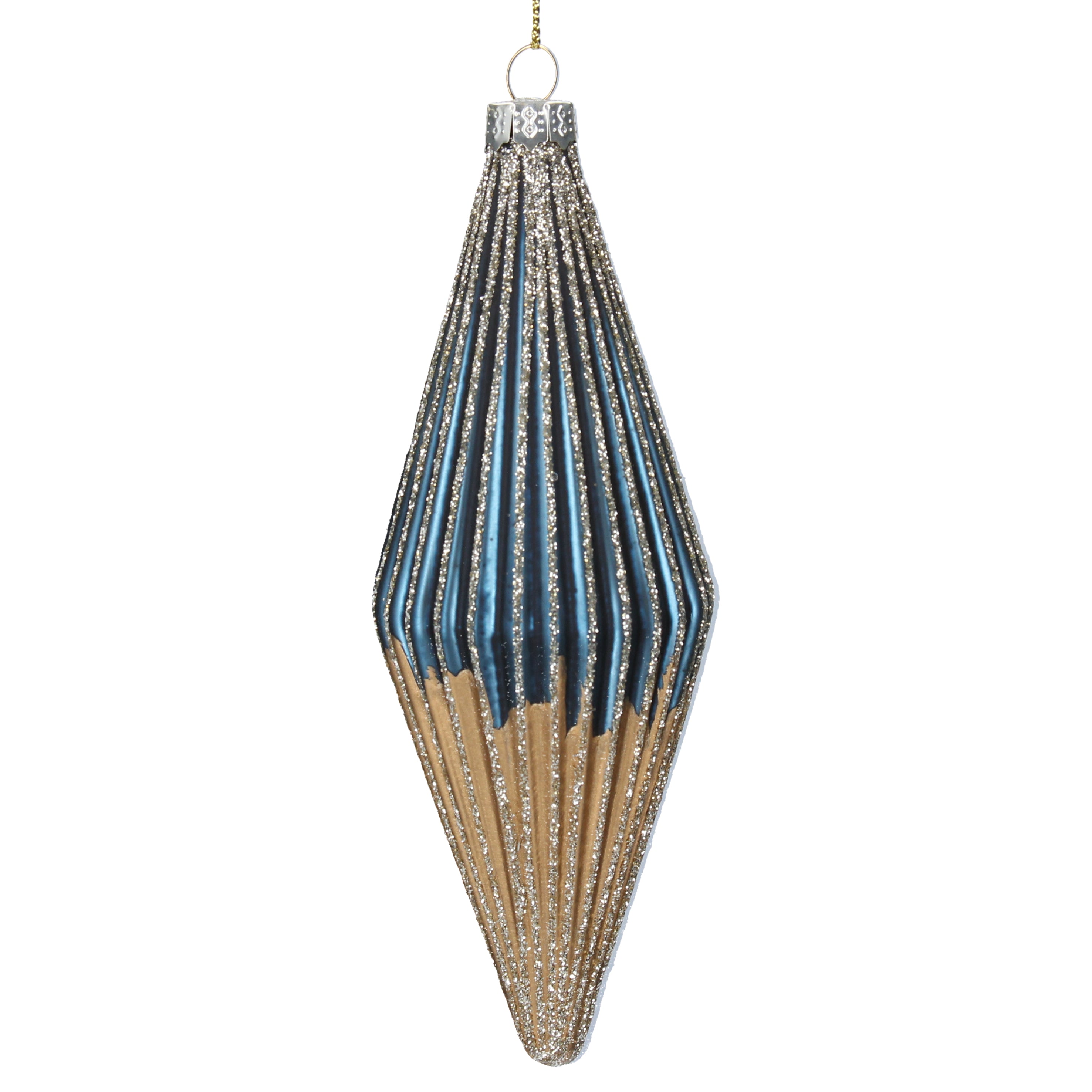 Gisela Graham Blue and Gold Ribbed Glass Teardrop