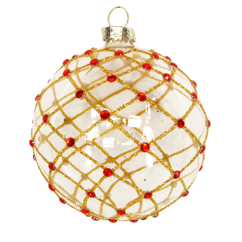 Gisela Graham Clear Glass Bauble with Gold and Red Detail