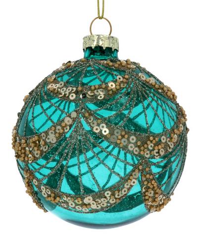 Gisela Graham Clear Turquoise Bauble with Gold Sequins