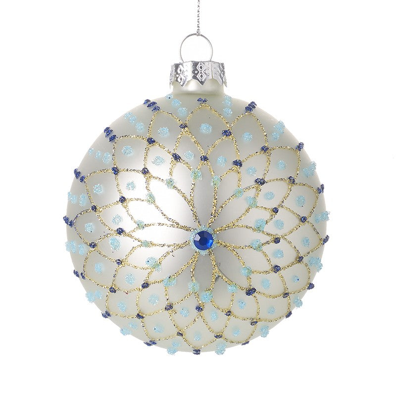 Gold and Blue Gems on White Glass Bauble
