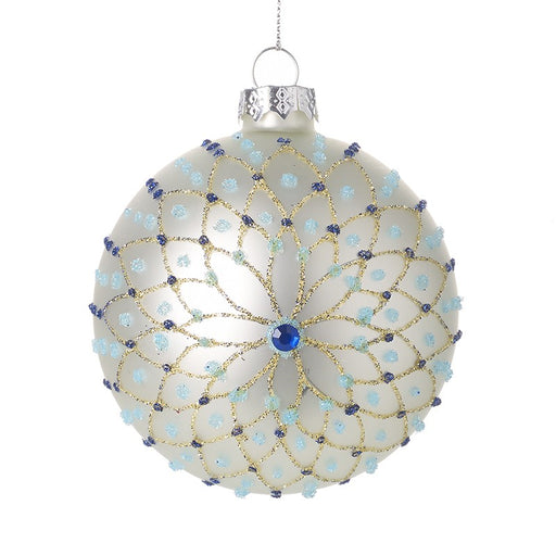Buy Gold And Blue Gems On White Glass Bauble from Pines and Needles