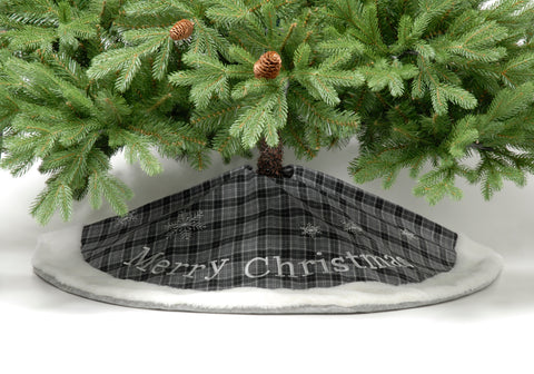 Grey Tartan Merry Christmas Tree Skirt, 100cm