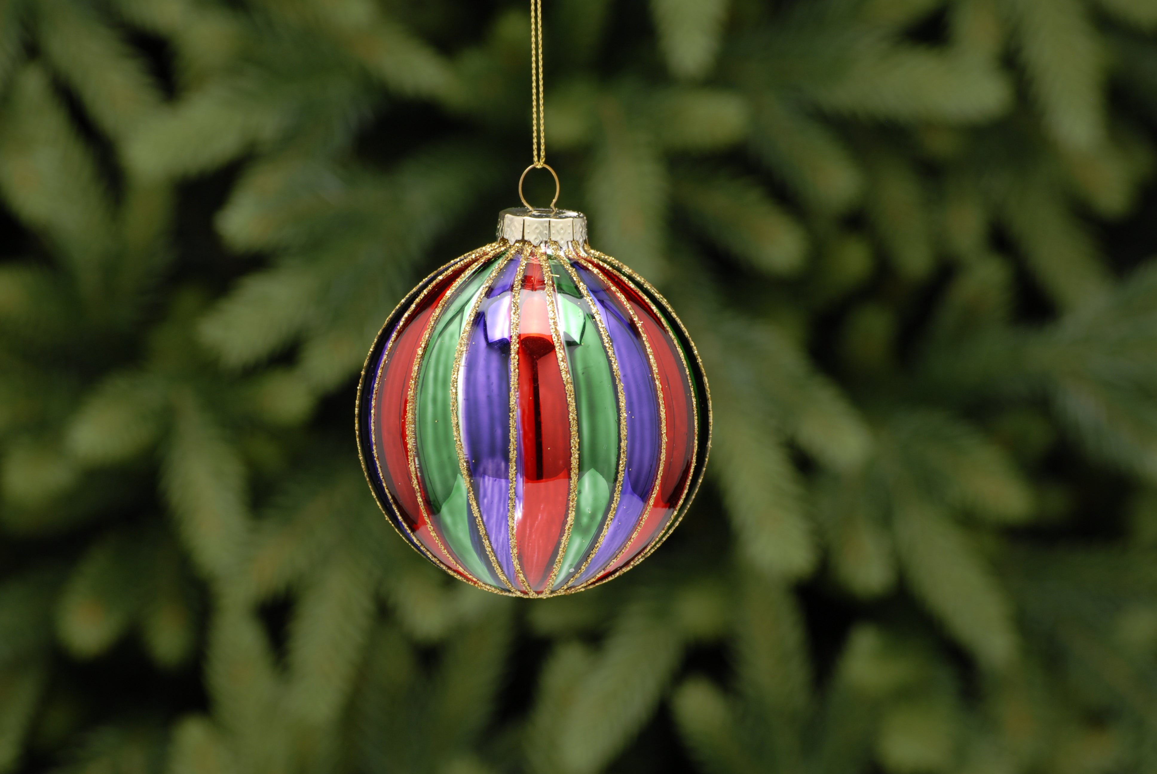 Red, Green, Purple Stripped Glass Bauble