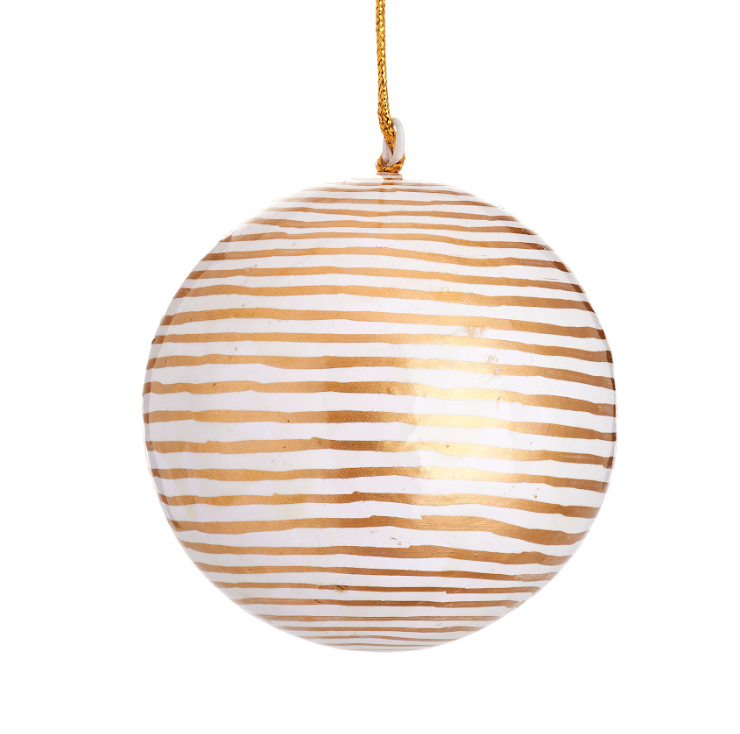 White and Gold Stripes Papier Mache Bauble