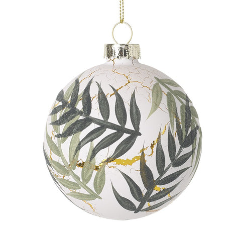 White and Green Leaves Glass Bauble