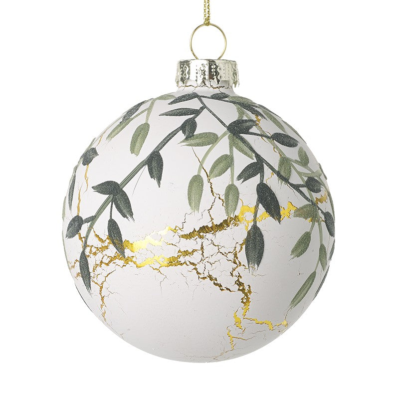 White Bauble with Green Leaves