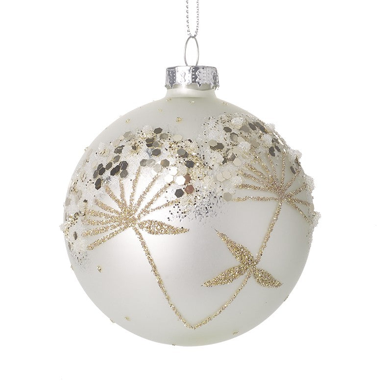 White Pearlescent Glass Bauble with Gold Dandelions