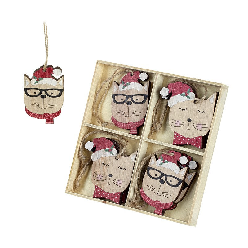 Wooden Cats Christmas Decorations, set of 8